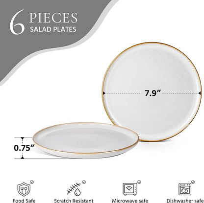 E-far 8” Ceramic Salad Plates Set of 6, Reactive Glaze Stoneware Dishes, Round Dessert Plate for Home Kitchen Restaurant, Microwave & Dishwasher Safe – Seashell White