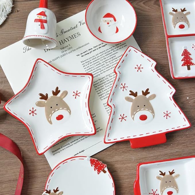 Christmas Ceramic Appetizer Plates for Tapas, Salad, Appetizer, Dishwasher Safe, Microwave Safe, Freezer Safe (Two grid plate 28 * 10.8 * 4cm)