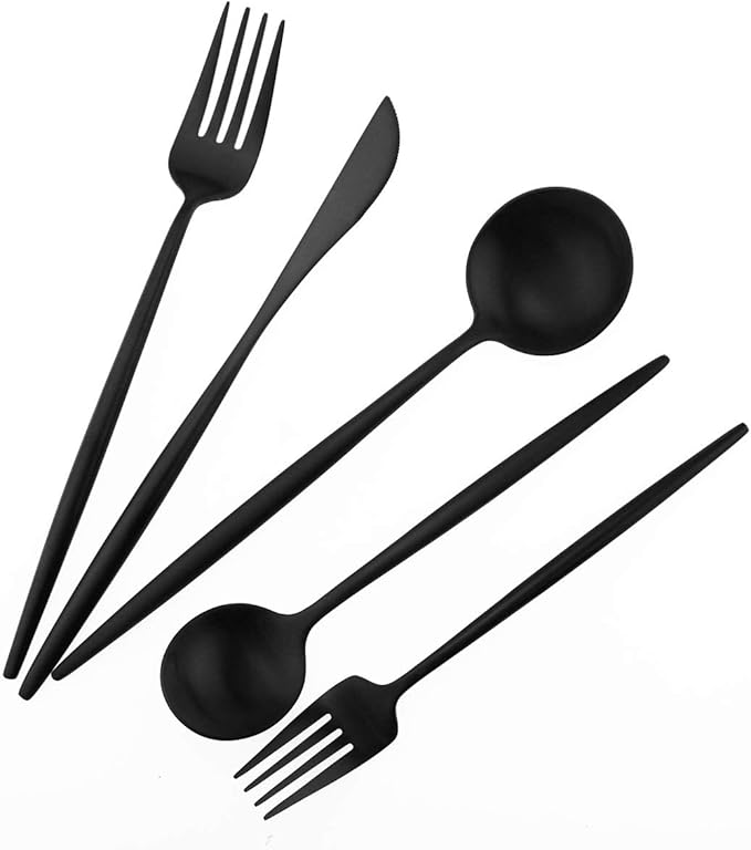 Matte Balck Silverware Set,Gugrida 5-Piece 18/10 Stainless Steel Satin Finish Flatware Set,Kitchen Utensil Set,Tableware Travel Cutlery Set for Camping Office or School Lunch, Dishwasher Safe