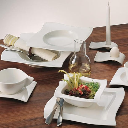 Villeroy & Boch New Wave 4-Piece Place Setting Dinner, Salad Plate, Bowl, and Mug – Premium Porcelain Dinnerware, White