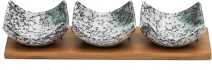 Appetizer Plate Japanese Style Sauce Dish - Dip Bowls Set of 3 Ceramic Sauce Dish Seasoning Dishes Sushi Dipping Bowl Appetizer Plates Serving Dish with Tray Snack Plate
