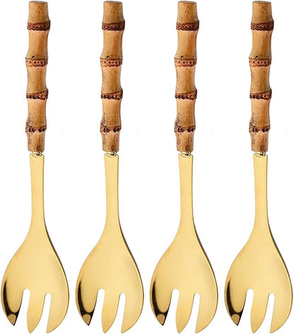 4 Piece Bamboo Handle Serving Set Utensils, 304 Stainless Steel Long Hanlde Serving Fork Spoon For Kitchen Buffet Banquet Wedding Party Cooking (4 Forks, Gold)
