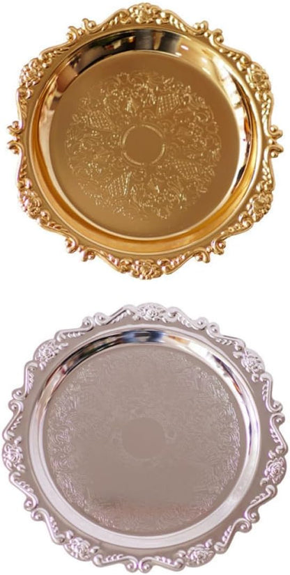 2 Pcs Stainless Steel Food Serving Trays Fruit Plates Dessert Platters Bread Trays Silver and Gold Metal Serving Dishes for Wedding Hotel Party