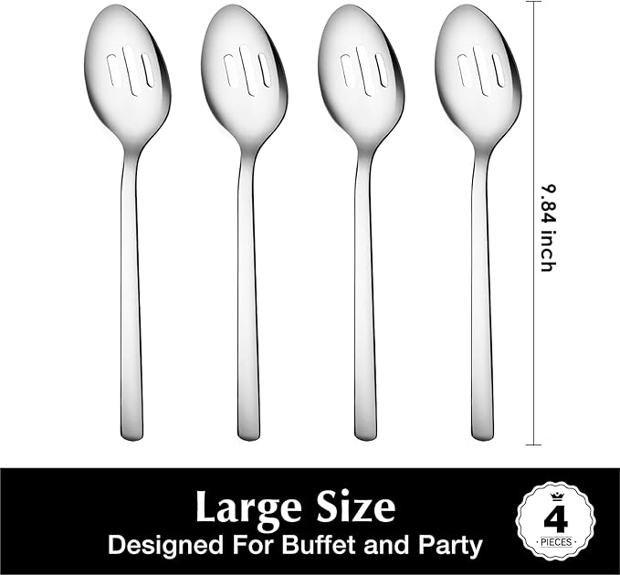 KINGSTONE Slotted Serving Spoons Sets 4 Piece,18/10 Stainless Steel Heavy Duty 9.84inch For Buffet, Wedding, Party,Catering,Dishwasher Safe