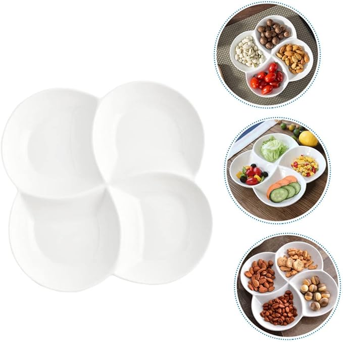 Ceramic 4-Compartment Food Serving Plate Divided Snack Tray for Appetizers Sturdy Porcelain Meal Tray for Parties and Entertaining