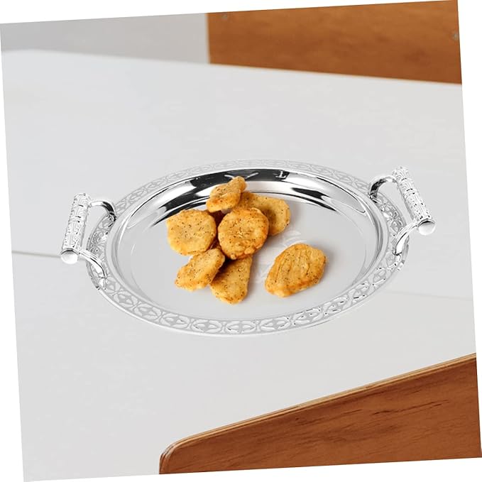 Healifty European Style Pattern Snack Serving Tray for Desserts and Fruits Multi Use Plate for Home Hotel and Restaurant Display Silver Decorative Holder for Nuts Candies and Cookies