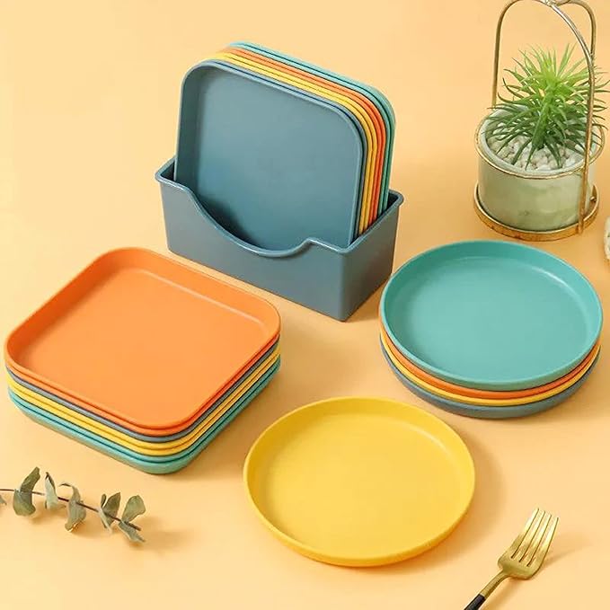 Appetizer Plates, Dessert, Snack, Salad, Fruit Plate Set, Reusable Plastic Plates, Lightweight Snack Tableware Set for Fruit, Candy, Side Dishes 8Pack with Holder (Round A)