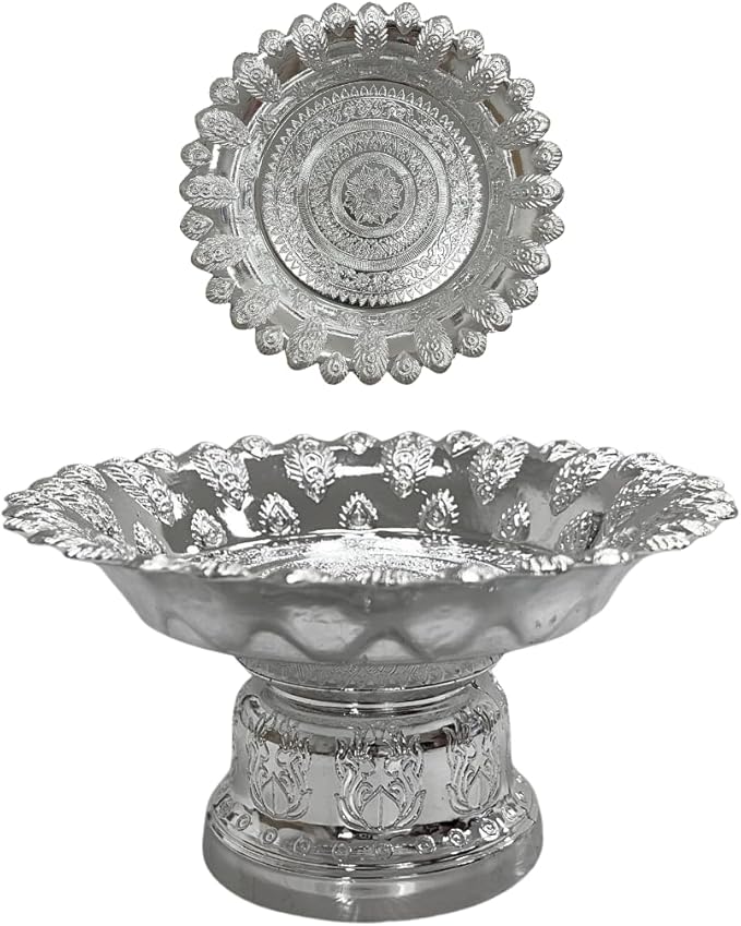 Decorative Pedestal Tray 5 Inch – Traditional Thai Offering Tray with Flora Design for Home, Temple, or Spa Display (Silver,13cm)
