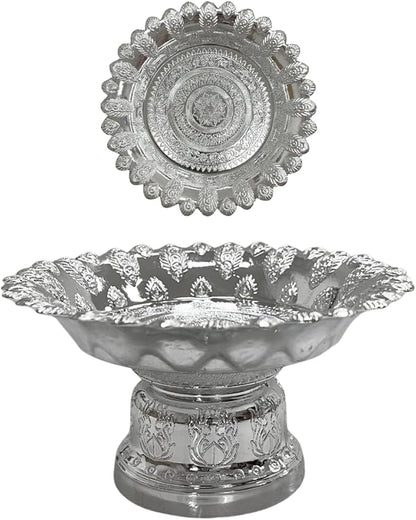 Decorative Pedestal Tray 5 Inch – Traditional Thai Offering Tray with Flora Design for Home, Temple, or Spa Display (Silver,13cm)
