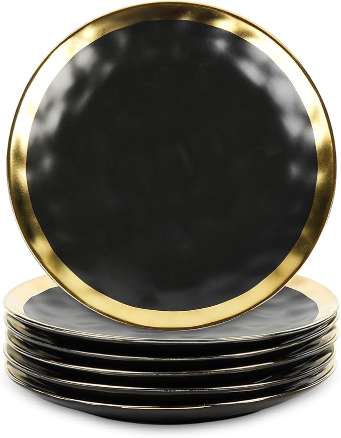 vicrays Ceramic Dessert Salad Plates, 8 Inch, Set of 6, Round, Dishwasher Safe, NOT Microwave Safe, Scratch Resistant, Suitable for Appetizer, Home, Restaurant (Black with Golden)