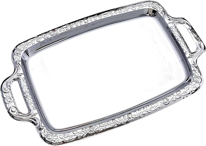 16.1 In Silver Serving Tray, European Style Stainless Steel With Handles, Metal Ottoman Decorative Food Tray For Coffee Tables And Parties