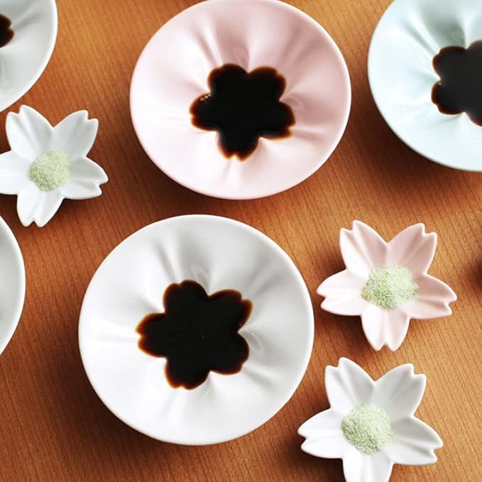 Appetizer Bowls 3.94inch Flower Shape Ceramic Sauce Dish Appetizer Plates Mini Side Seasoning Dish Condiment Dishes Sushi Soy Dipping Bowls Snack Serving Saucer (Set of 2) Salad Bowls