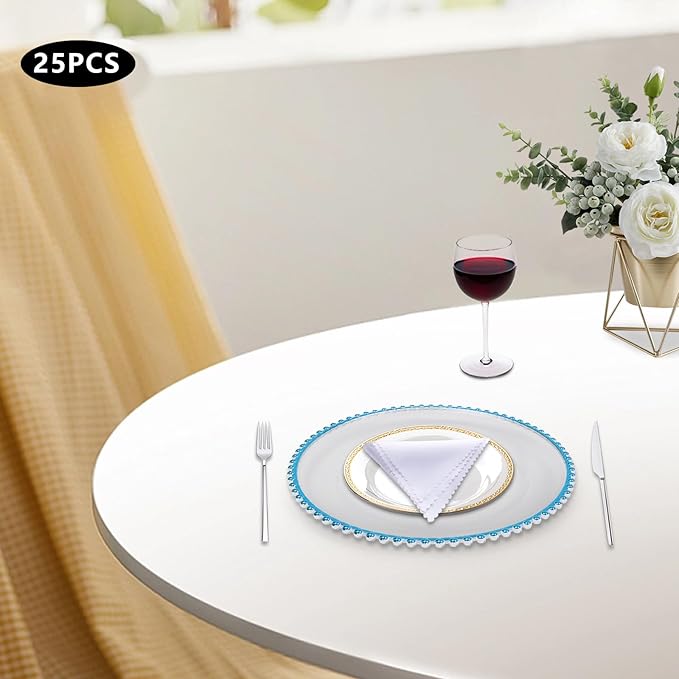 25 PCS Clear Charger Plates Bulk, 13 Inch Beaded Rim Plastic Charger Plate Round Service Plates Decorative Chargers Bulk for Table Setting Wedding Party Event(Blue)