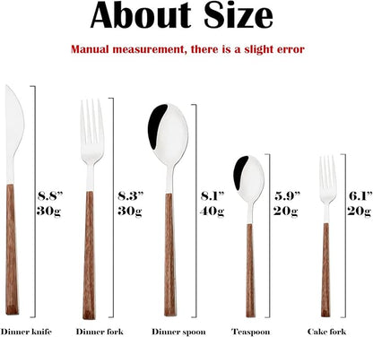 Korean Style Wood Flatware Stainless Steel Fork/Spoon/Knife/Teaspoon with Wooden Square Handle Cutlery Set of 4 Dinnerware for Home, Kitchen, Restaurant, Gift - Silver