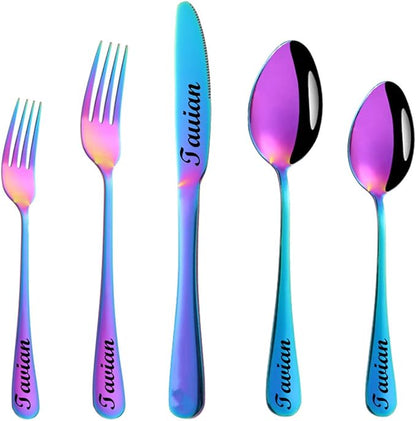 Stainless Steel Customized Flatware Set,Engraving Name Knife Forks Spoon,Personalized names will be engraved on your tableware, Customized Birthday Christmas Gift Multicolor