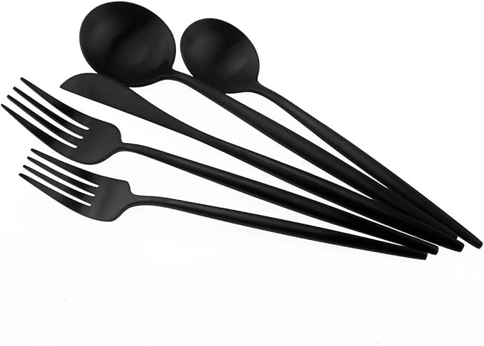 Matte Balck Silverware Set,Gugrida 5-Piece 18/10 Stainless Steel Satin Finish Flatware Set,Kitchen Utensil Set,Tableware Travel Cutlery Set for Camping Office or School Lunch, Dishwasher Safe