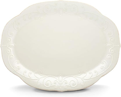 Lenox Serveware, Lenox French Perle White Serving Platter, Oval Shape, 16-Inch, Stoneware, Dishwasher Safe, Turkey Platter for Thanksgiving, Winter Hosting, Christmas Serving (White, 1 Piece)