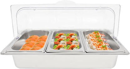 3 Pan Stainless Steel Food Serving Tray, Countertop Food Serving Display Container with Clear Roll Top Cover & Buckles, Buffet Food Display Container for Buffets, Parties, Hotels, Weddings