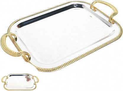 Rectangular Serving Tray in Silver with Gold Trim, Large Metal Serving Tray with Handles for Parties, European Style Tray for Food and Drink Service