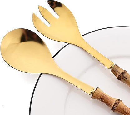 4 Piece Bamboo Handle Serving Set Utensils, 304 Stainless Steel Long Hanlde Serving Fork Spoon For Kitchen Buffet Restaurant Wedding Party Home (2 Spoons 2 Forks, Gold)