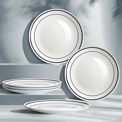 YFWOOD Ceramic Dinner Plates Set Of 6, 8 Inch Salad Plates, Contemporary Round Porcelain Tablewar, Suitable for Desserts, Appetizer, Pasta, Microwave Safe - White & Blue Double Line