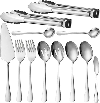 12Pcs Silver Serving Utensils Stainless Steel Serving Spoon,Slotted Spoons Serving Forks,Serving Tongs Cake Server Dessert Spoon Serving Flatware Set Great for Parties Buffet Party