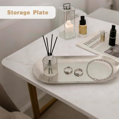 10 Pack Stainless Steel Decorative Tray, Thicken Silver Decorative Tray 7 inch, Oval Jewelry Dish Bathroom Vanity Tray Small Serving Tray Candle Holder Cosmetics Tray Perfume Tray