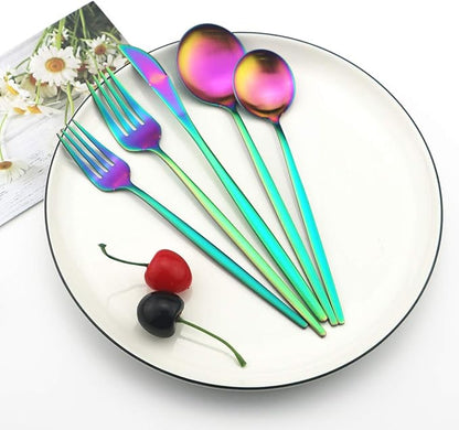 Matte Rainbow Silverware Set, Uniturcky Satin Finish 20-Piece 18/10 Stainless Steel Flatware Set Knife Fork Spoon, Tableware Cutlery Sets Service For 4,Utensils For Kitchens Camping And Party