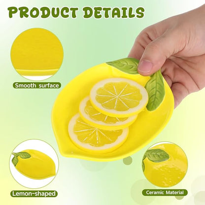 Amosfun 4pcs Small Lemon Plates Adorable Spoon Rest Fruit Salad Serving Tray Sauce Dipping Bowl Ceramic Appetizer Dessert Plates 4.1" x 5.9"