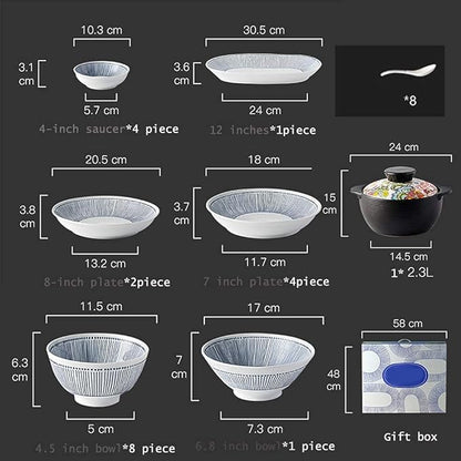Plate and Bowl Set Fine Dinnerware Set,White Porcelain Dinnerware Set with Blue Line Stripes, Ceramic Plates and Bowls Sets
