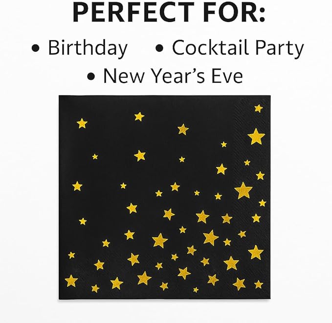 Black and Gold Cocktail Napkins- 100 Pack 2-Ply Disposable Napkins for Birthdays, Weddings, Holidays, and Special Events