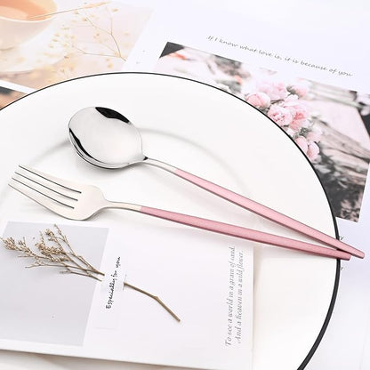 Mirror Cutlery Serving Set, 24-piece 18/0 Stainless Steel Silverware With Pink Handle Simple & Modern Tableware For Home Party Restaurant Christmas Dinner, Service For 6 (Pink Silver)