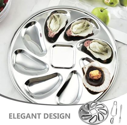 Stainless Steel Oyster Plate Set Fork and Oyster Shucker Metal Serving Tray for Seafood for Kitchen and Dining 3pcs