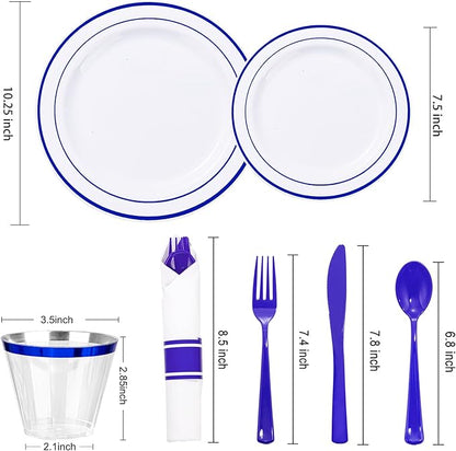 WELLIFE 210 Piece Blue Disposable Dinnerware Set,Plastic Plates for Party, Include: 30 Dinner Plates, 30 Dessert Plates, 30 Pre Rolled Napkins with Gold Silverware and 30 Gold Cups