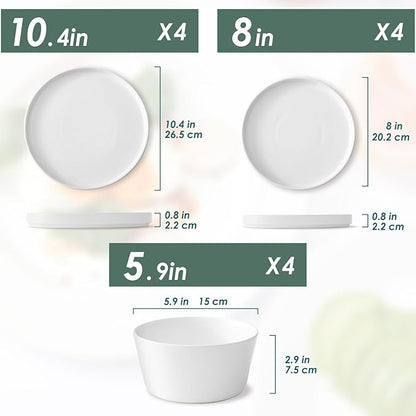 Asrug 12-Piece Plates and Bowls Sets,Ceramic Dinnerware Sets for 4, Chip Resistant and Scratch Dish Set, Dining Dinner Porcelain Dishware, Microwave and Dishwasher Safe,White Matte