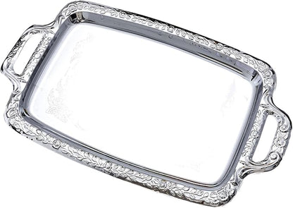 Metal Food Tray, Elegant Design, 39x23x1.7cm, Silver Serving Tray, Rectangle Serving Platter, Large Capacity, for Candy Bread Cake Charcuterie Dessert Fruit Party