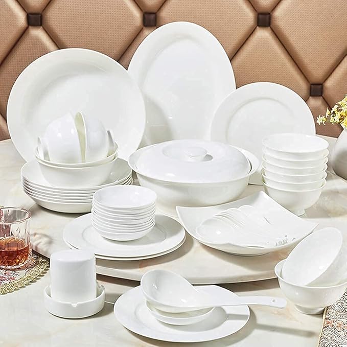 Ceramics Dinner Sets, Plates/Bowls/Soup Pot | 56 Pieces Dinnerware Set White, Microwave Tableware Safe - for Family Party Kitchen Restaurant