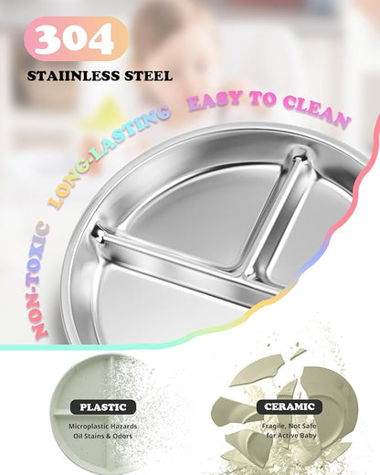 Stainless Steel Kids Plates with Lid 4 Packs, Deepened 9" Portion Control Plate Divided Plate for Adults Bariatric Weight Loss & Diabetic Diet, Non Toxic Unbreakable Toddlers Lunch Dishes