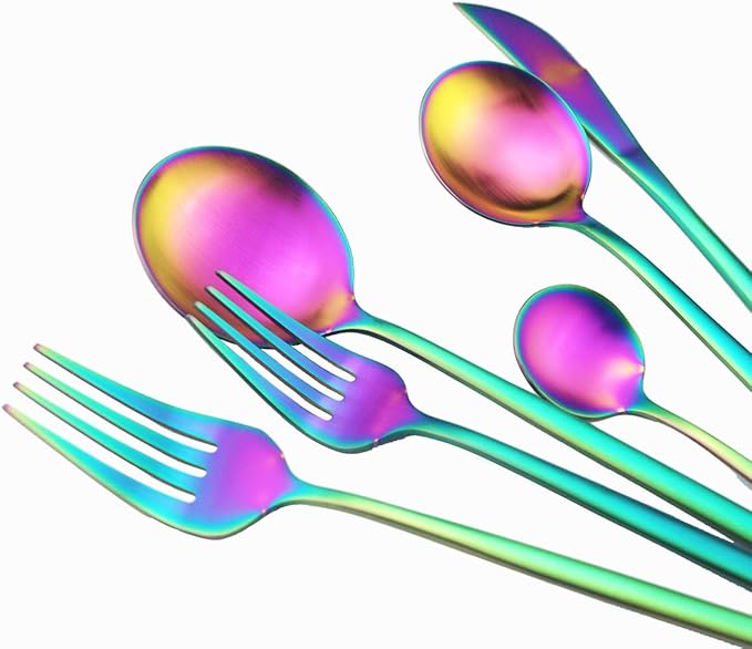 Matte Rainbow Silverware Set, Uniturcky Satin Finish 20-Piece 18/10 Stainless Steel Flatware Set Knife Fork Spoon, Tableware Cutlery Sets Service For 4,Utensils For Kitchens Camping And Party