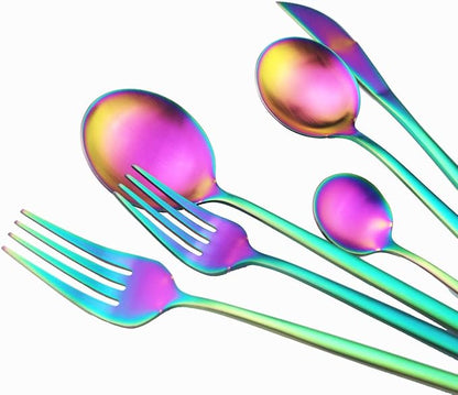 Matte Rainbow Silverware Set, Uniturcky Satin Finish 20-Piece 18/10 Stainless Steel Flatware Set Knife Fork Spoon, Tableware Cutlery Sets Service For 4,Utensils For Kitchens Camping And Party