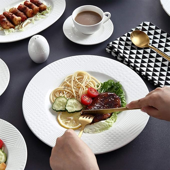 48 Pieces Dinnerware Sets, White Ceramics Dinner Sets, Complete Porcelain Combination with Plates, Bowls, Mugs, Coffee Cups and Tea Pot, Microwave Safe, Service for 6 Per