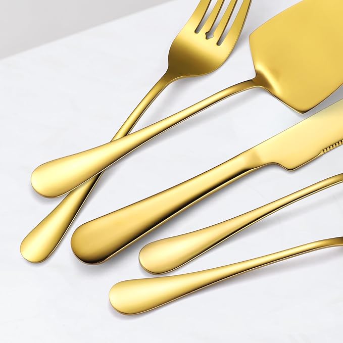 Gold Serving Utensils Set Stainless Steel Large Silverware 7 Piece Include Big Spoon Fork Cake Server Knife Pizza Spatula Pefect for Buffet Catering Flatware