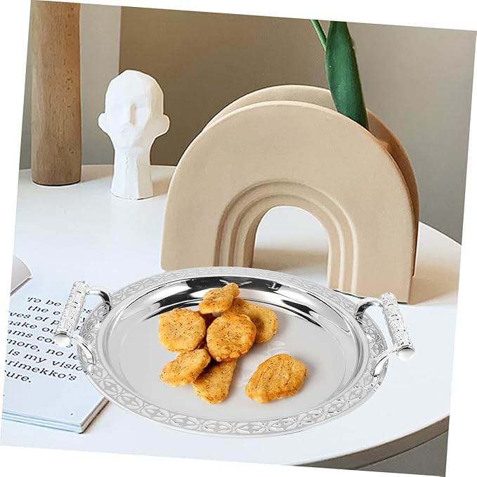 Mobestech Round Pattern Tray Silver Serving Plate Fruit Trays for Serving Round Bread Plate Storage Dish