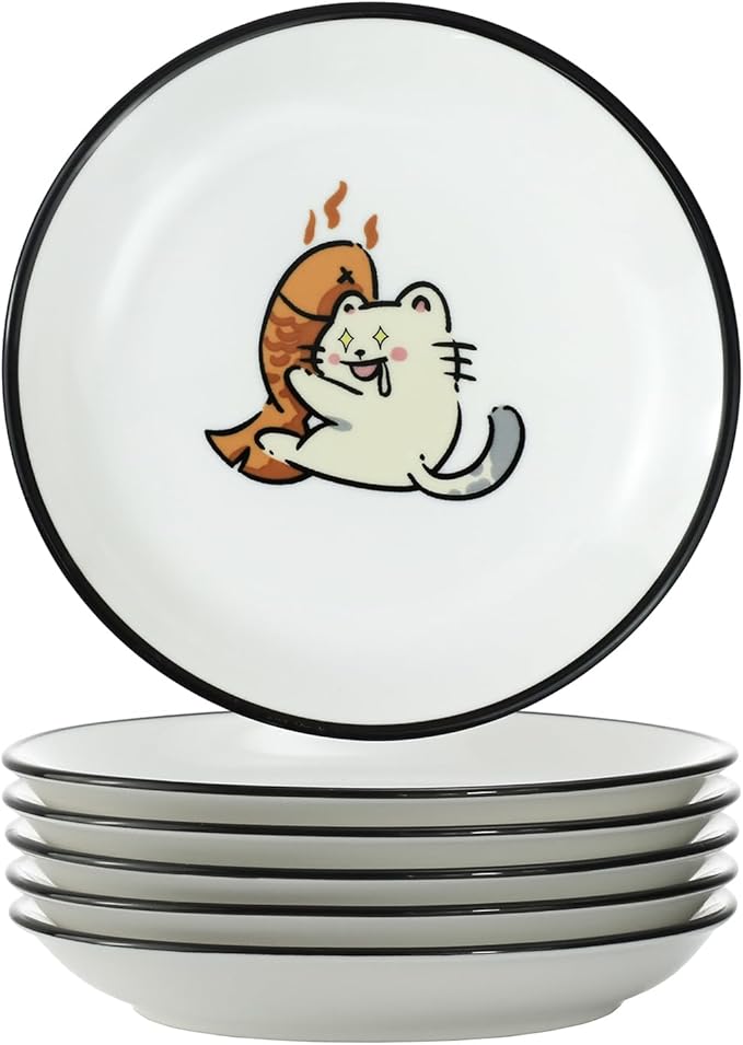 SOCOSY Super Cute Cartoon Animal Ceramic Sauce Dishes, Seasoning Dishes, Little Cat Dog Bird Feeding Bowls, Sushi Soy Dipping Bowls, Appetizer Plates, Dessert Plates, Set of 6-Cats-5 Inch