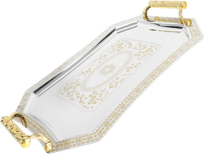 Serve Tray for Coffee Table Dresser Organizer Serveware Platter Jewelry Dish with Gold Polished Metal Handles Vintage Decorative Plates Perfume Living Room Kitchen Serving Tray