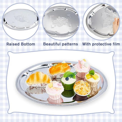DICOSMETIC 5Pcs Large Silver Serving Trays Set 16x11.65x0.59 Inch Stainless Steel BBQ Grill Trays Oval Flower Engraved Tray Metal Serving Platter for Food Cookies Desserts Table Party Home