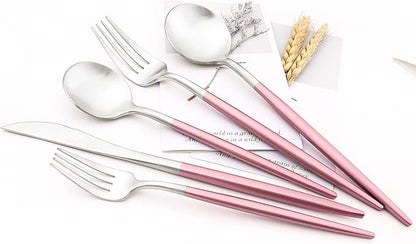 24-piece Snplowum Silver Satin Finished Serving Set, 18/10 Stainless Steel Flatware With Pink Round Hanle For Daily Use Salad Coffee Include Knife/Fork/Spoon, Service For 4 (Pink Silver)