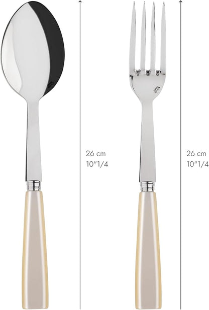 SABRE PARIS - 2-Piece Serving Set - Icône Collection - Large Fork & Large Spoon - Stainless Steel & Acrylic - Dishwasher Safe - Pearly White