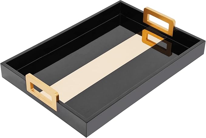 Black Coffee Table Tray, Rustic Wood - 17'' Decorative Serving Tray with Gold Handles for Coffee Table Decor & Ottoman Use Rectangle for Home Decor