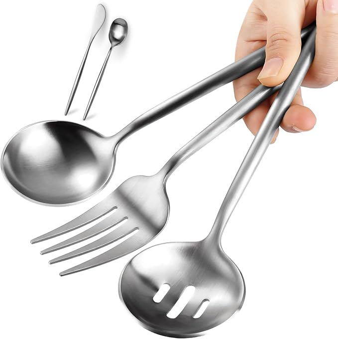 Large Serving Utensils Set,5 Pcs Stainless Steel Silver Serving Utensils with 10.8 Inch Serving Fork,10.3 Inch Serving Spoon,Slotted Serving Spoons,Sugar Spoons,Butter Knife for Party Buffet Banquet
